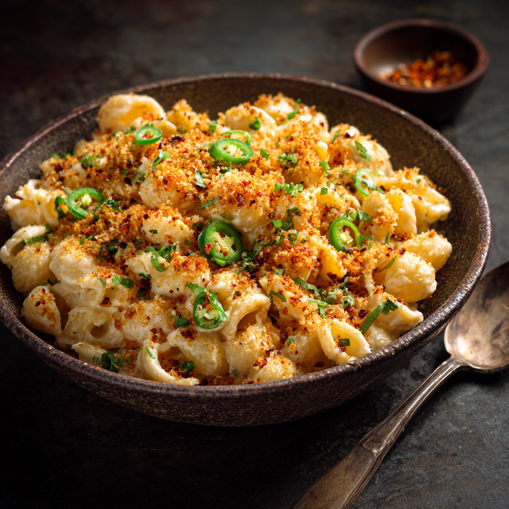 Spicy Mac and Cheese with Jalapeño Topping