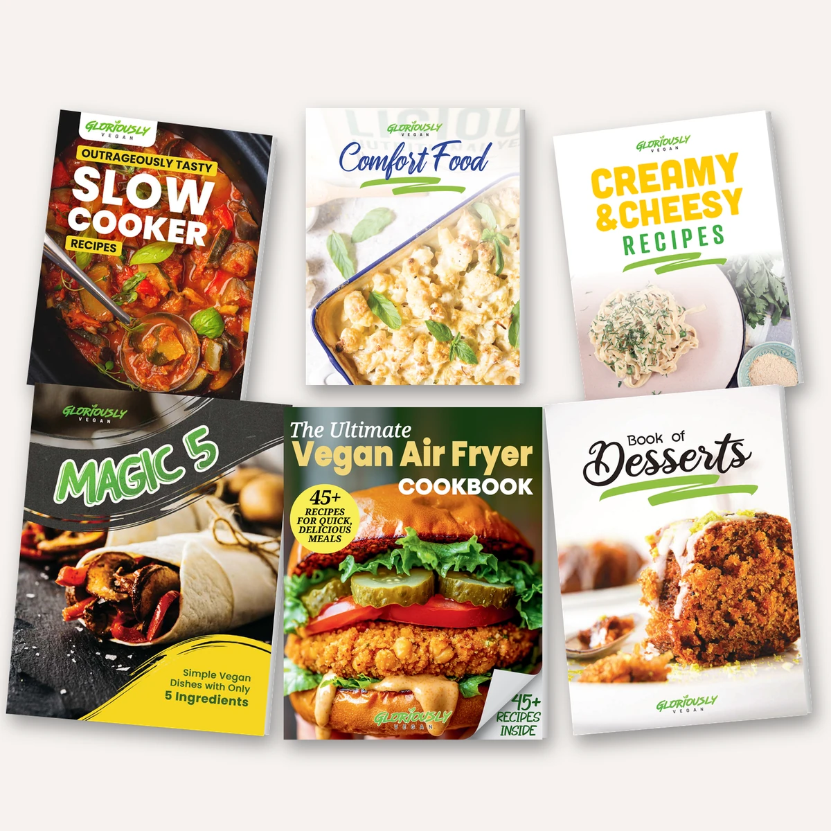 All six Gloriously Vegan cookbooks together
