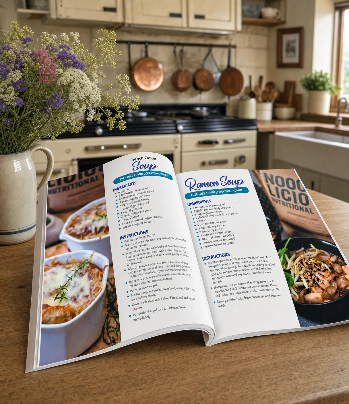 the Comfort Food cookbook open on a kitchen counter