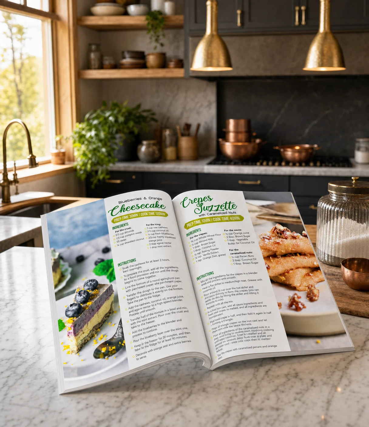 the Book of Desserts open on a kitchen counter