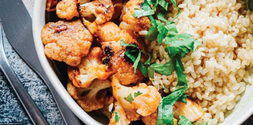 Harissa Cauliflower with Brown Rice, photographed for the Magic 5 Cookbook