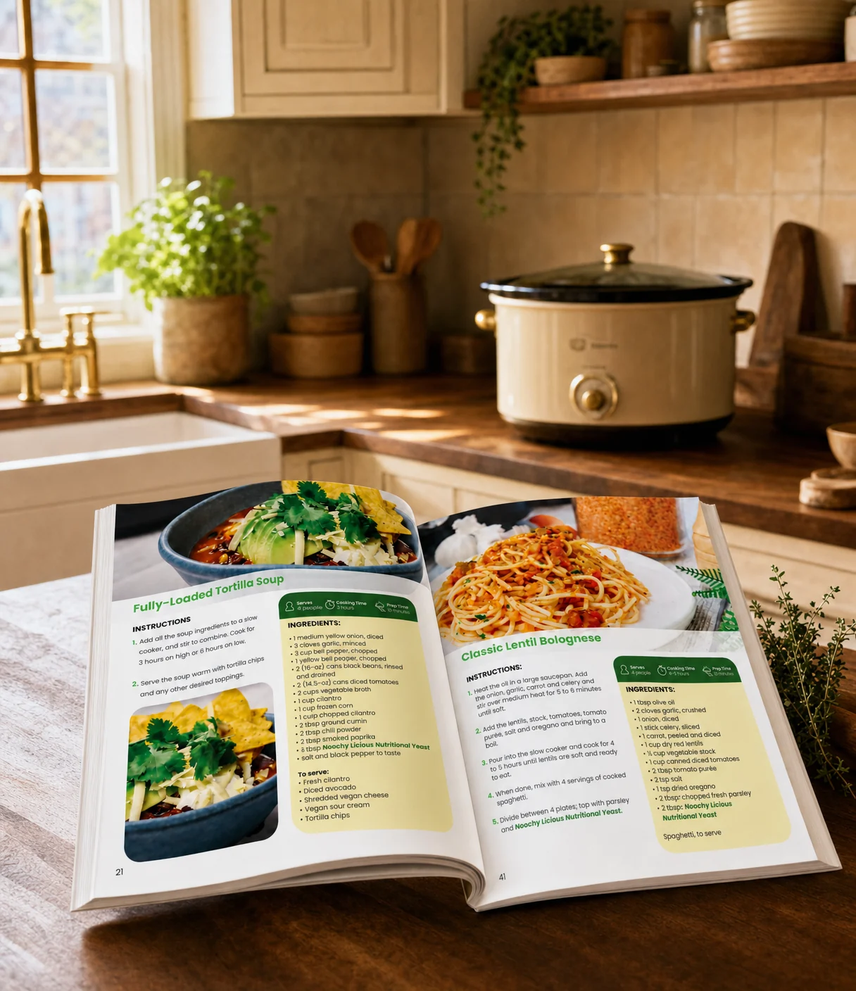 the Slow Cooker Cookbook open on a kitchen counter
