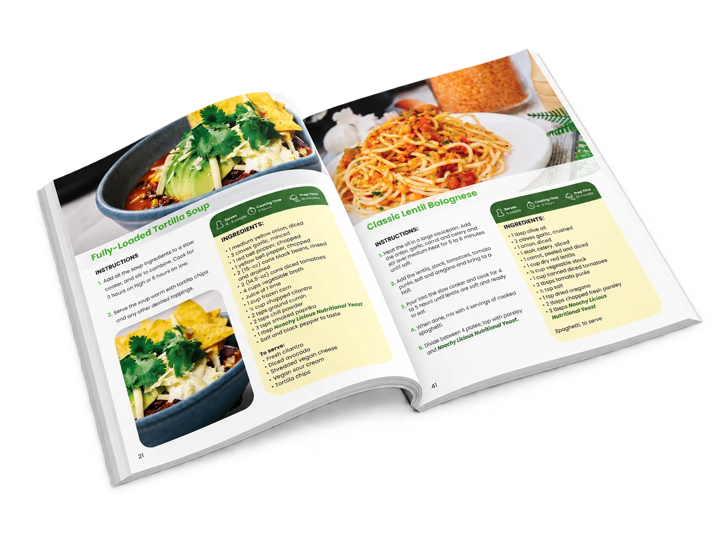 The book open at two recipe pages